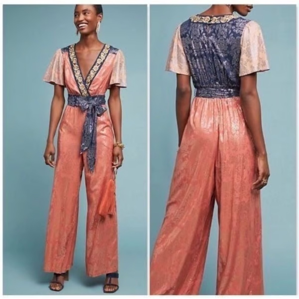 Anthropologie Coral and Navy V-Neck Metallic Jumpsuit